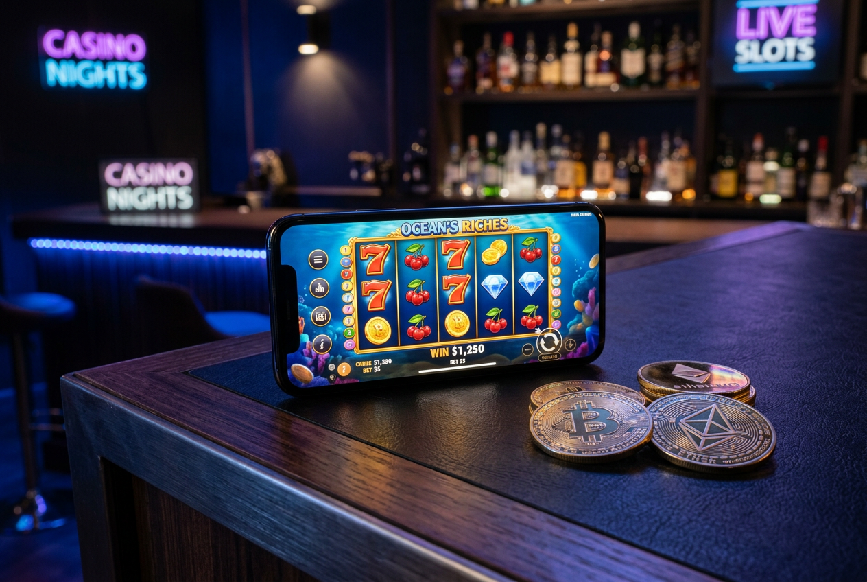 A professional setup with a smartphone showing a crypto casino interface next to physical cryptocurrency coins.
