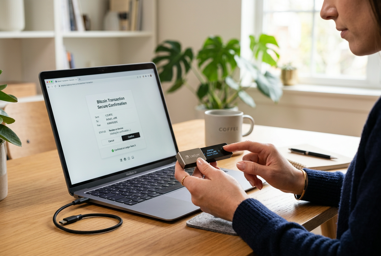 Close-up of a person using a hardware wallet and a laptop for secure digital transactions.